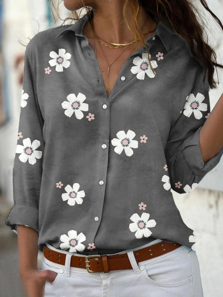 Camisa Floral Con Botones Y Poliéster Suave Para Mujer