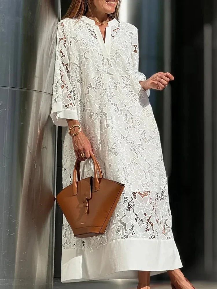 Vestido Largo Bordado Elegante Caimento Fluido Aurora