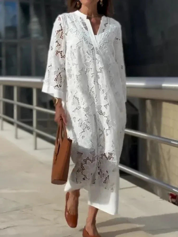 Vestido Largo Bordado Elegante Caimento Fluido Aurora