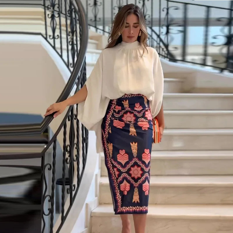 Conjunto Mujer Blusa Caida Fluida Falda Cintura Alta Elisadora