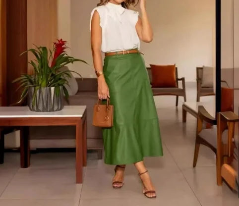 Conjunto Blusa Con Volante Y Falda Midi Acetinado Aline