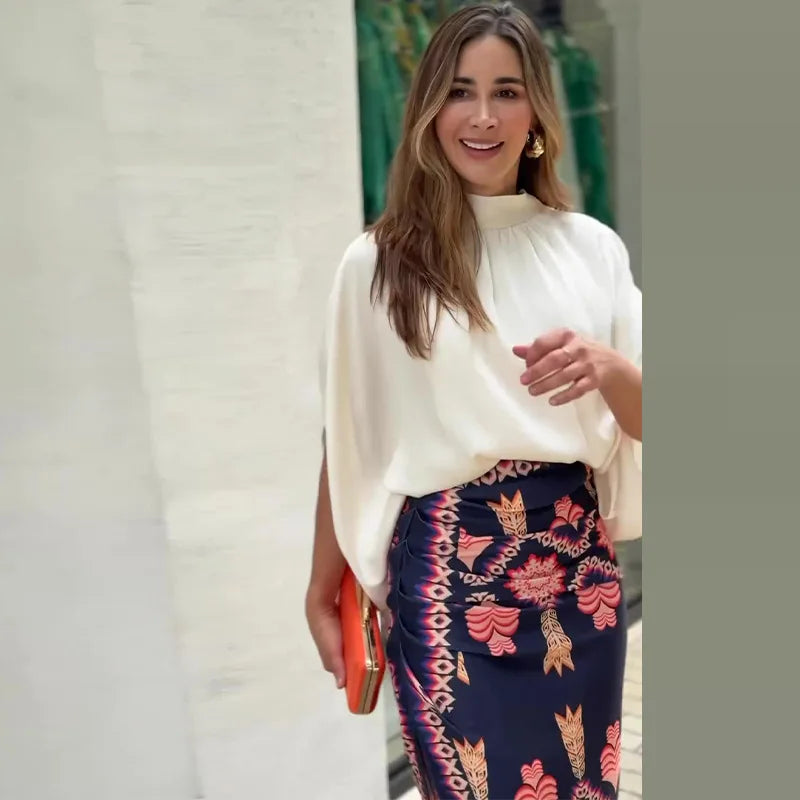 Conjunto Mujer Blusa Caida Fluida Falda Cintura Alta Elisadora