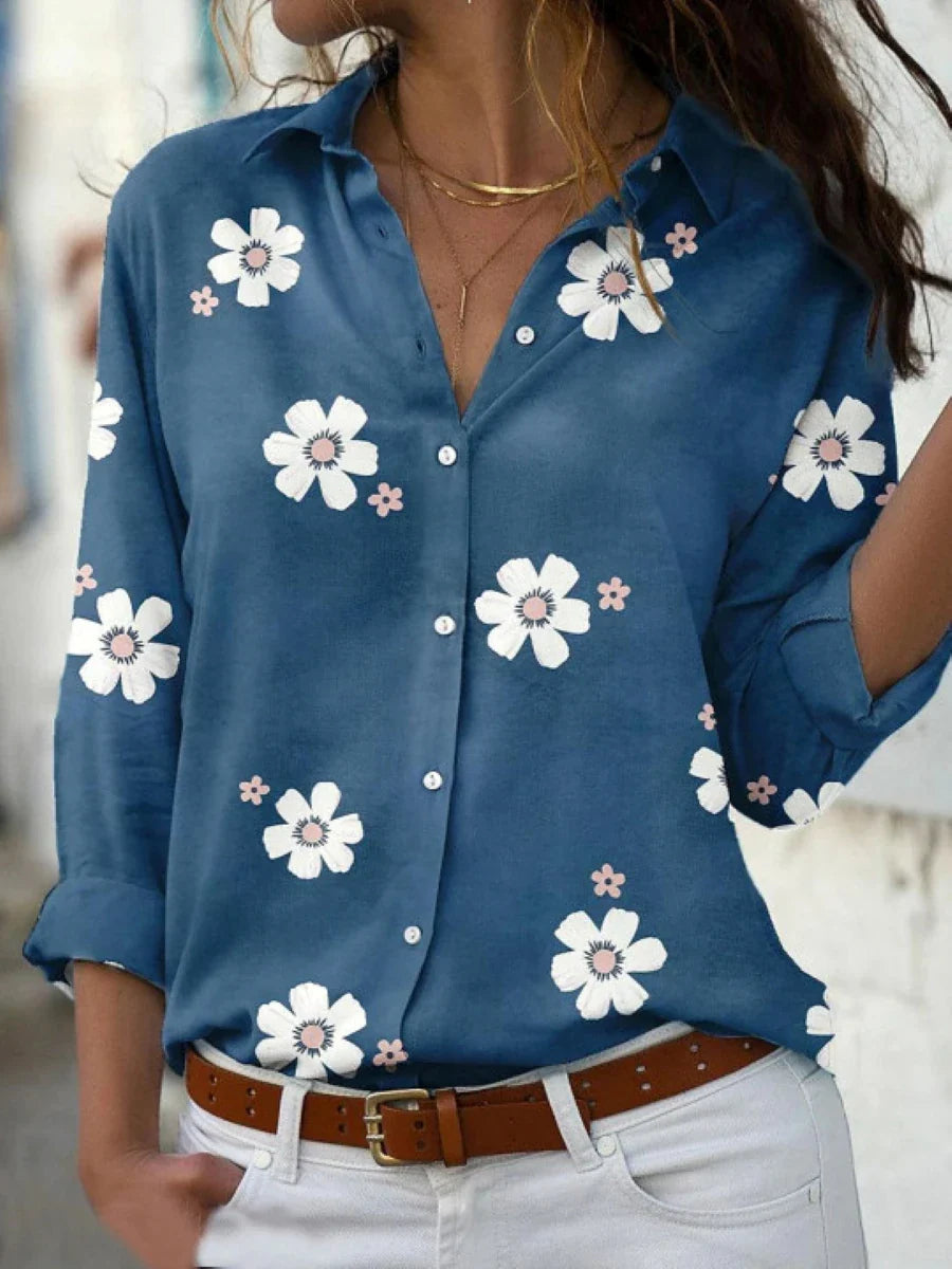 Camisa Floral Con Botones Y Poliéster Suave Para Mujer