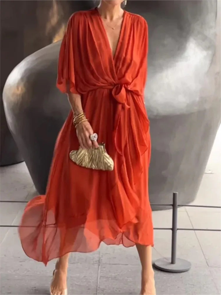 Vestido Mujer Fresco Con Escote En V Y Caída Fluida Rafaella