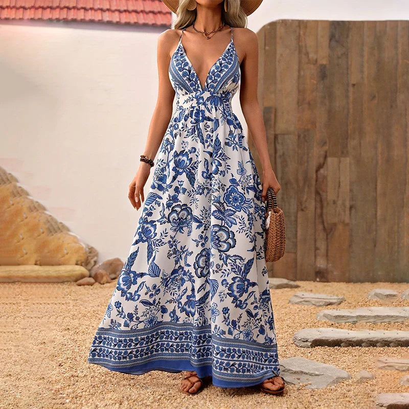 Vestido Floral Fresco Elegante Con Escote Ibiza