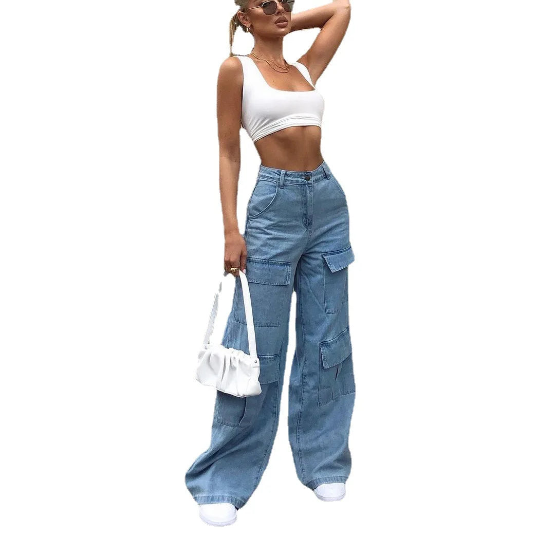 Pantalón Cargo Mujer Bolsillos Utilitarios Mezclilla