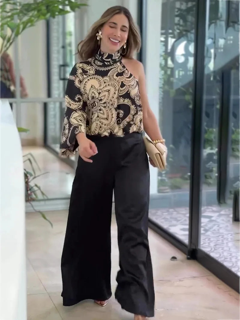 Conjunto Femenino Con Cuello Alto Pantalón Ancho Carol