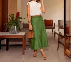 Conjunto Blusa Con Volante Y Falda Midi Acetinado Aline