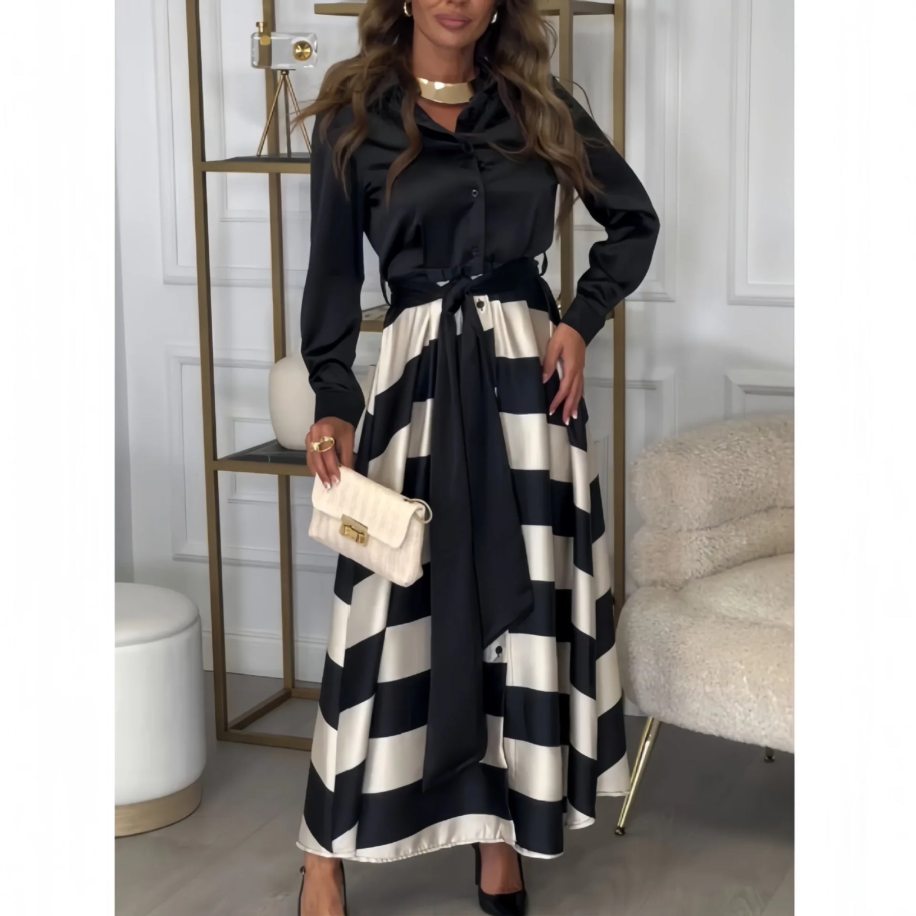 Conjunto Cetim Elegante Con Blusa Manga Larga Lívia
