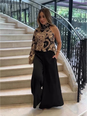 Conjunto Femenino Con Cuello Alto Pantalón Ancho Carol