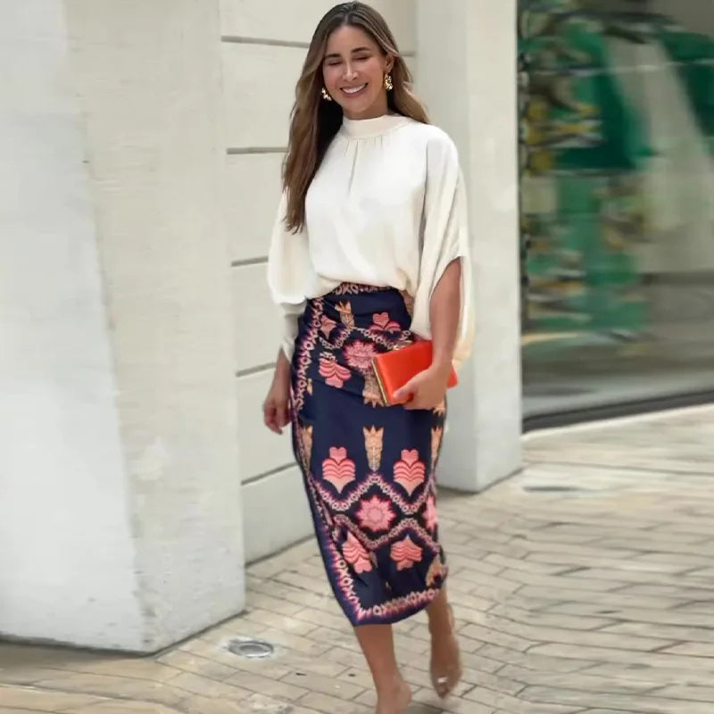 Conjunto Mujer Blusa Caida Fluida Falda Cintura Alta Elisadora