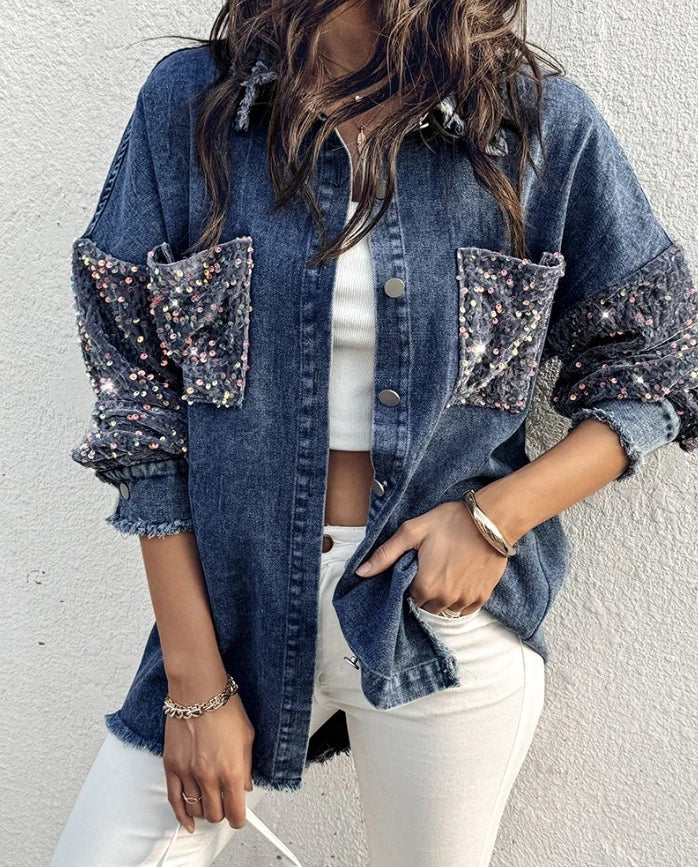 Chaqueta Jeans Brillo Sutil Lentejuelas Plateadas Noemi
