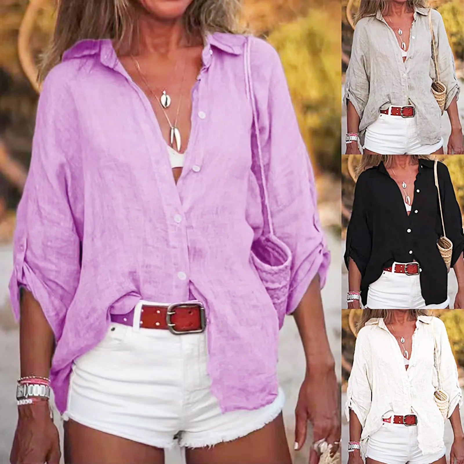 Camisa Mujer Lino Ligera Con Botones Y Fresca